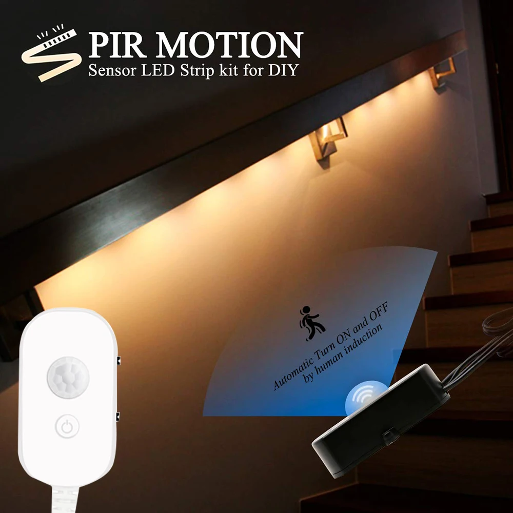 Smart Dimmable LED Closet Light USB PIR Motion Sensor LED Strip Light Flexible Adhesive Lamp Tape Day/Night Mode For Cabinet D30