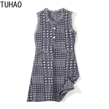 

TUHAO Sleeveless Retro Knit Dress Houndstooth Burrs Fringed Sweater Dress Fall Winter Clothes Woman Elegant Outerwear T1067