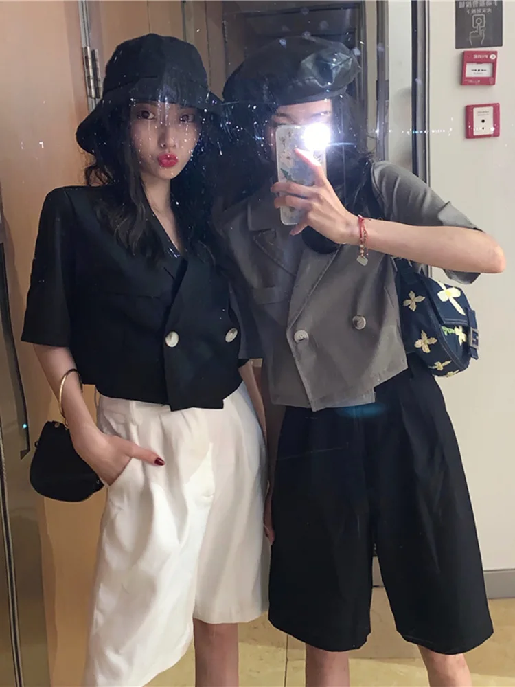 

2019 Summer New Style Korean-style Double Breasted Loose-Fit Short-sleeved Top Western Style Short Navel Small Suit Coat WOMEN'S