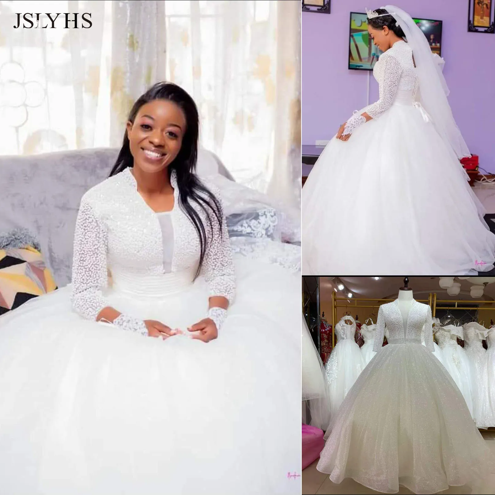 

High quality wedding dress handmade full Pearl Sequin decoration wedding dress shiny material long sleeve Beige white customize