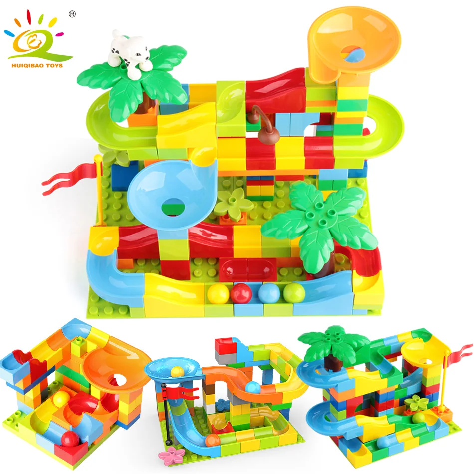 

HUIQIBAO TOYS 52-151Pcs Marble Race Run Building Blocks For Kids Legoingly Duploed Maze Ball Jungle Slide Adventure Track Bricks