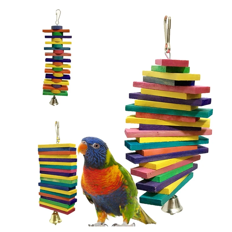 Pet Bird Toy Building Blocks Chew Bite-resistant Toy Hanging Colorful Wooden Parrot Cage