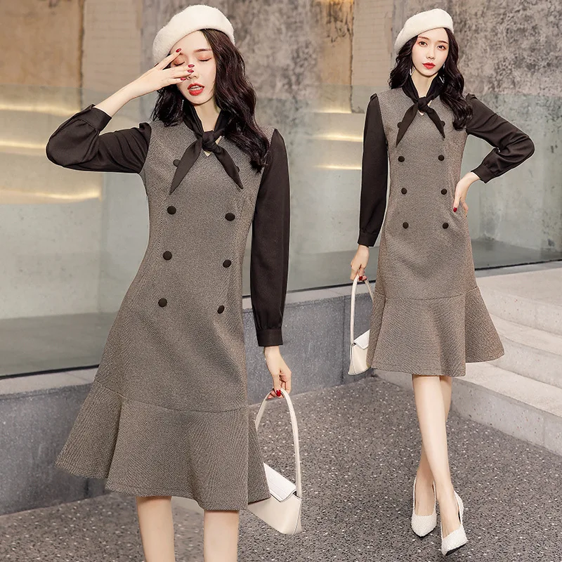 

Elegant Northern European-Style Petal Fishtail Dress Women's Autumn And Winter with Overcoat of Japanese-style Gentle Wind Plaid