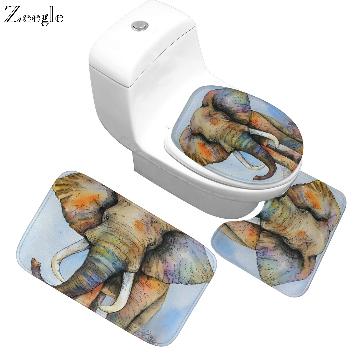 Zeegle Elephant Pattern Toilet Seat Cover Bath Mat Absorbent Non-Slip Bathroom Rug Bath Mat Set Flannel Floor Mats for Bathroom