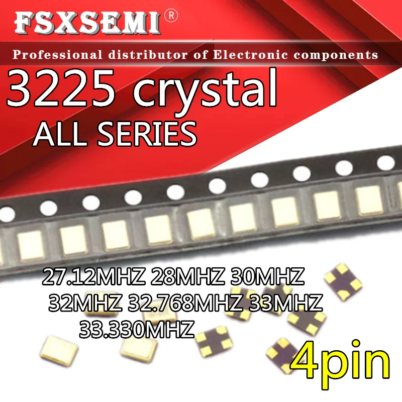 

10pcs 3225 quartz crystal unit 3.2*3.5mm 4p 27.12MHZ 28.636MHZ 30MHZ 32MHZ 32.768MHZ 33MHZ 33.330MHZ