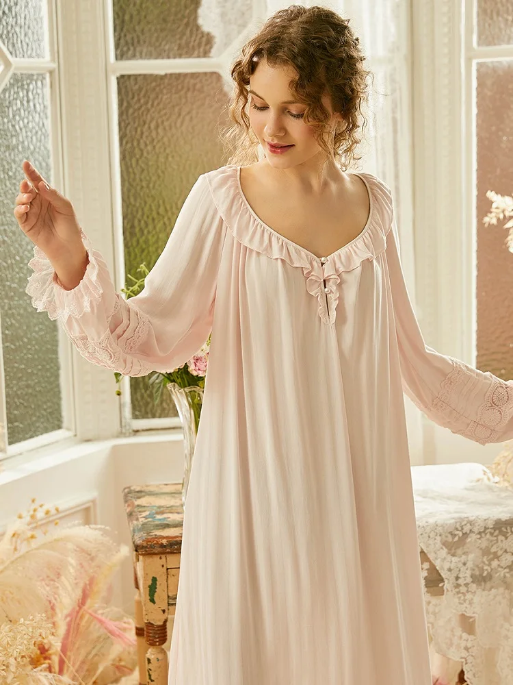 Новые Винтажные белые/розовые женские длинные ночные рубашки из вискозы, свободные плюс ночные рубашки, элегантные осенние весенние удобные длинные ночные платья - Цвет: Розовый