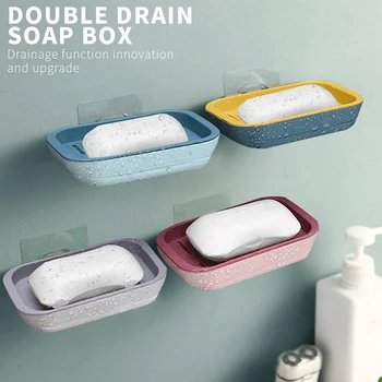 

Soap Rack Punch-free Wall Mounted Double Layer Soap Holder Soap Sponge Dish Bathroom Acces Soap Dish Self Adhesive Storage Rack