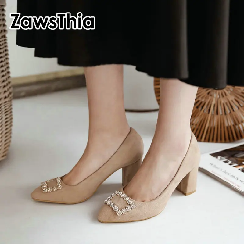 

ZawsThia 2020 spring summer pointed toe office mature woman pumps block high heels lady career dress shoes slip-on womens shoes
