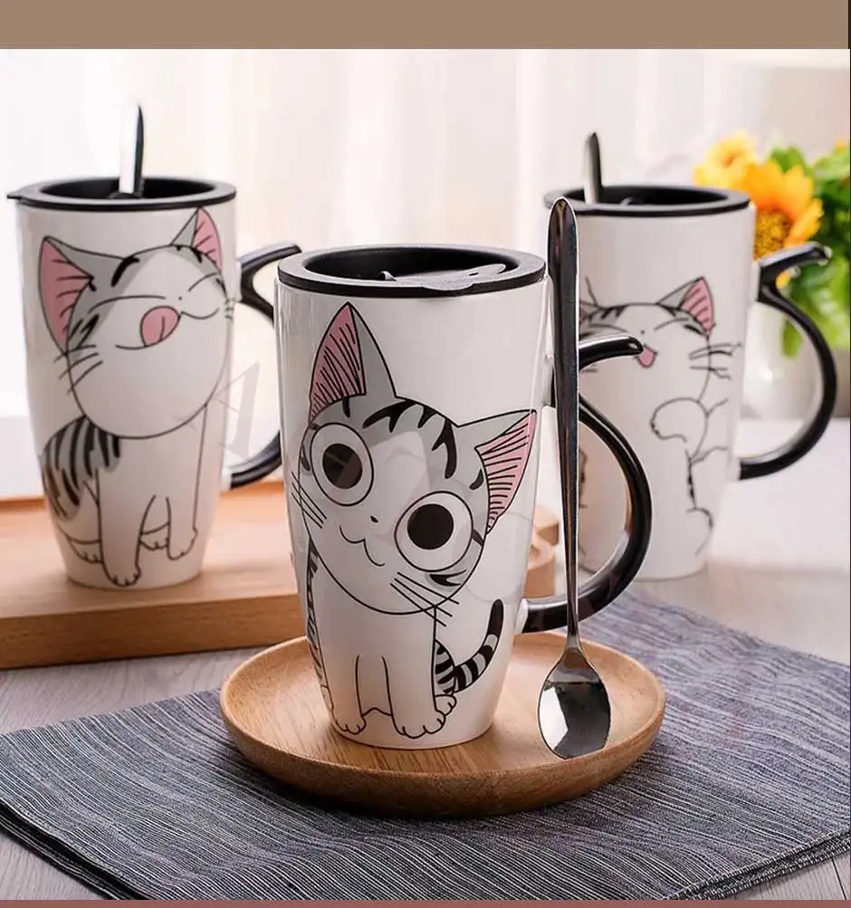 Милая кошка керамическая кружка с крышкой мультфильм молоко кофе чай чашки животных керамические кружки детский подарок большой емкости 600 мл