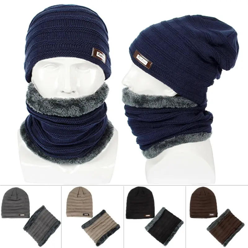 Fashion Trend Men Adult 2PCS Winter Newest Knit Baggy Beanie Hat Ski Slouchy Skull Cap Fleece Lined Neckerchief Casual Sets