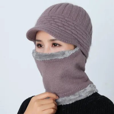 Модная зимняя вязаная шапка женская шарф маска Балаклава Skullies Beanies шапки для женщин теплый мягкий шерстяной мех шапка шапочка шапки - Цвет: Leather purple