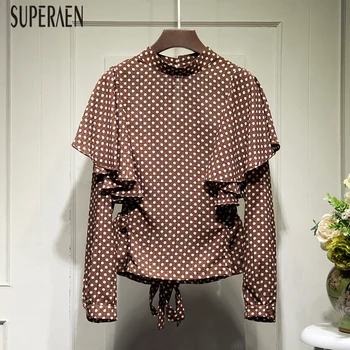 

SuperAen Fashion Dot Chiffon Shirts Women Long Sleeve 2020 Spring New Korean Style Stand Collar Blouses and Tops Female