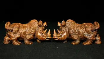 

wedding decoration Chinese Feng Shui Boxwood wood Carving rhinoceros Bull Oxen animal Statue Pair
