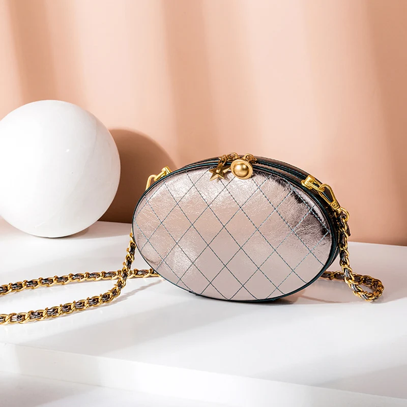 

2019 Female Women Genuine Messenger Bag Design Brand Chain Round Lingge Bag Casual Messenger Bag Hot simple Small Round bag