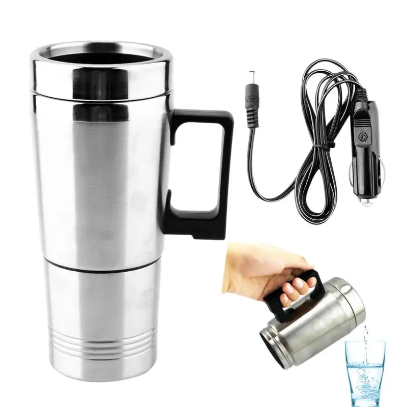 Hot Universal 450ml Electric In-car Stainless Steel Travel Heating Cup Coffee Tea Car Cup Mug for most car cup holders 12/24V