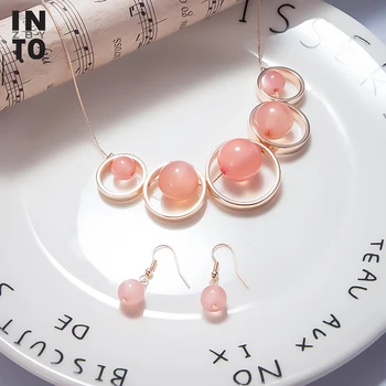 

Into Pink Opal Cat Eye Stone Jewelry Sets For Women Rose Gold Color Copper Chain Necklaces Pendants Simple Ball Dangle Earrings