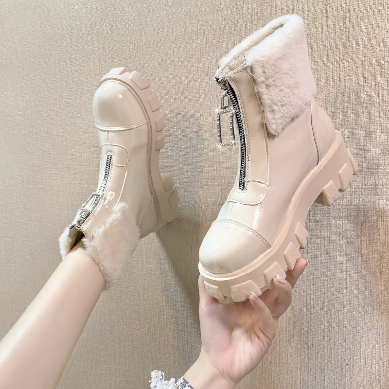 

Leather Women's Chunky Boots Winter Thick Fur Warm Women Platform Sneakers 2019 Fashion Combat Boot Woman Martin Shoes