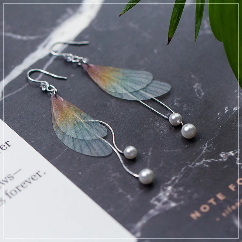 

Modian Sterling Silver 925 Colorful Transparent Wings Geometric Long Line Pearl Drop Hook Earring for Women Fine Jewelry Gift