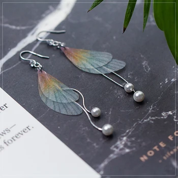 

Modian Sterling Silver 925 Colorful Transparent Wings Geometric Long Line Pearl Drop Hook Earring for Women Fine Jewelry Gift