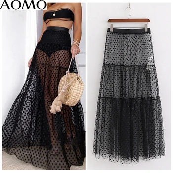 

AOMO summer women black dots transparent long skirt faldas mujer vintage strethy waist female sexy beach skirts 1D187A