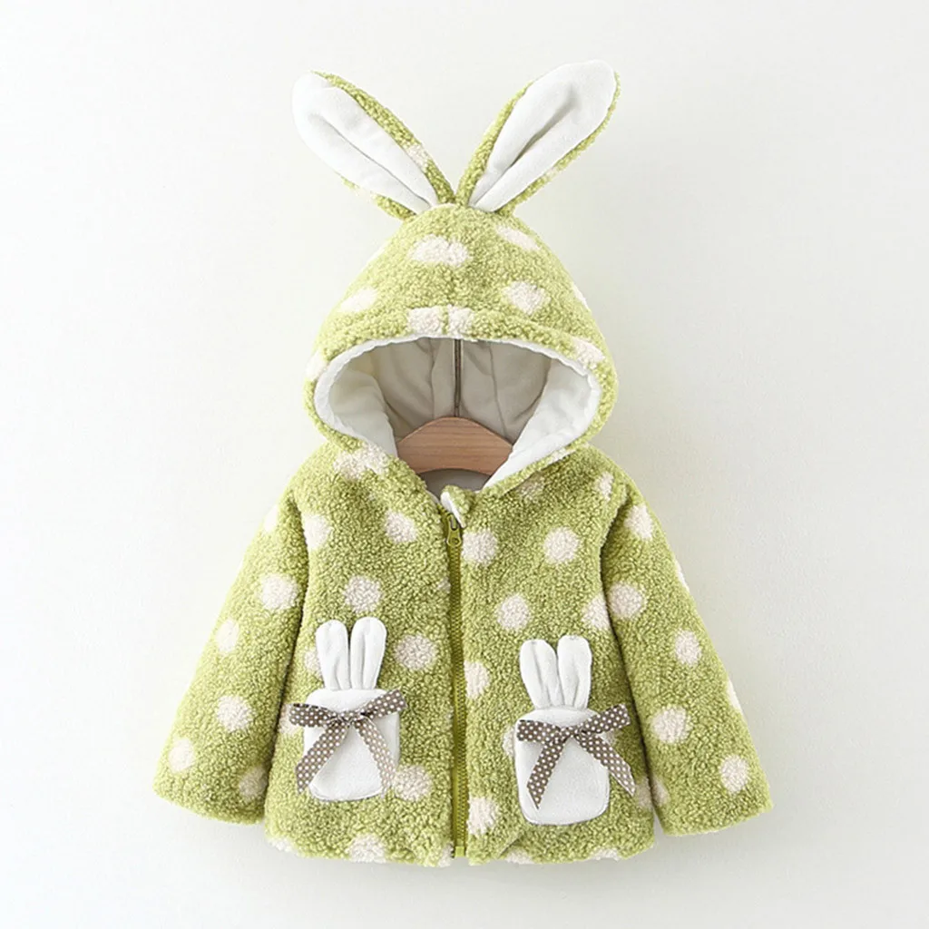 Baby Children Girl Winter Warm Loose Coat Zipper Bow Little Rabbit Pocket Rabbit Ear Hodded Dot Pattern Jacket Parkas Outwear#g4