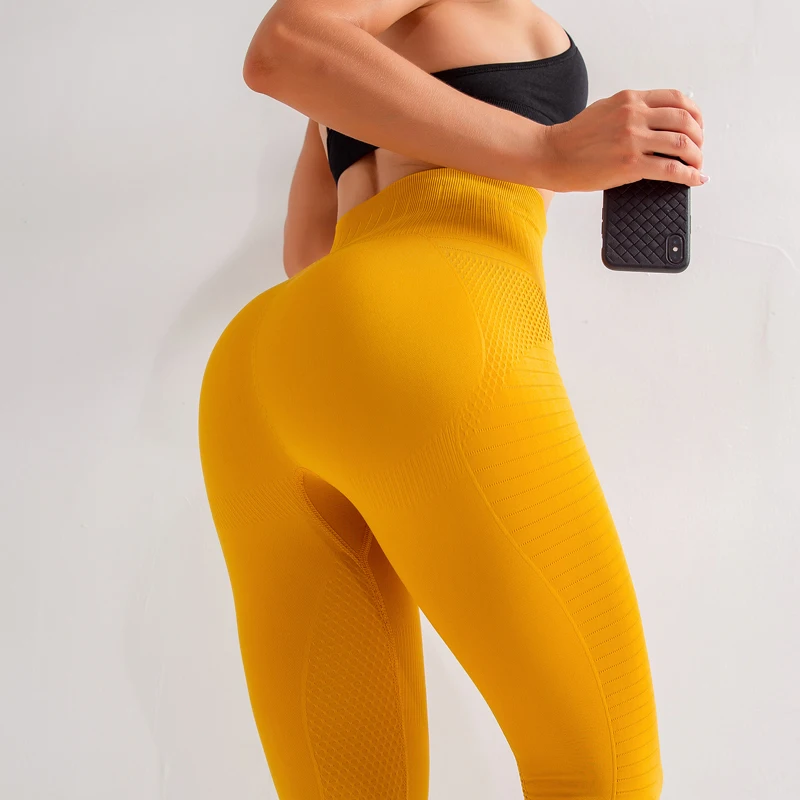 Зимние Леггинсы спортивные женские фитнес пуш-ап с высокой талией для йоги брюки карманы тренажерный зал женские тренировочные трико бесшовные леггинсы - Цвет: Yellow