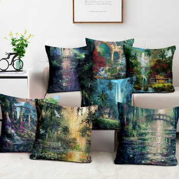 

Nanacoba Nature Landscape Cushion Cover Home Decor Green Abstract Oil Forest Linen Pillowcase For Bed Sofa Throw Pillow Case