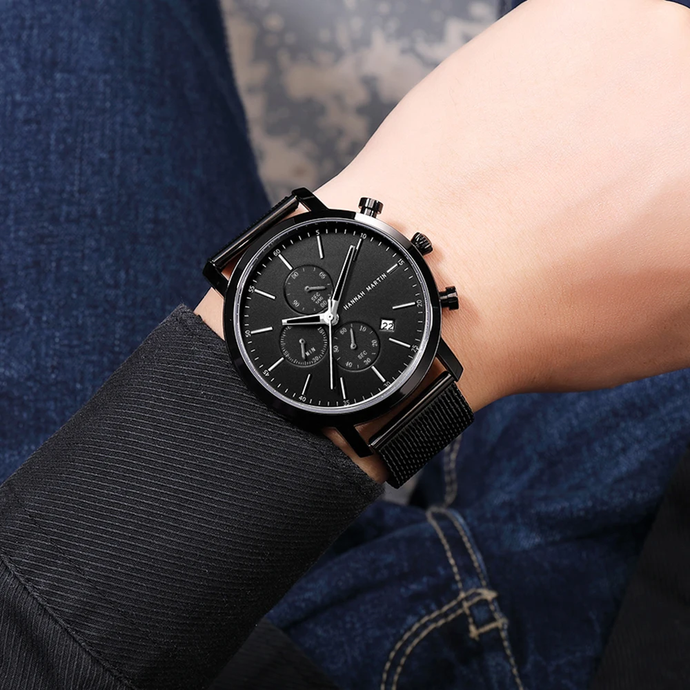 New Black Stainless Steel Mesh Wristwatch High Quality Multi-Function Calendar Men Top Brand-6