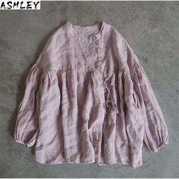 

Blouse 2020 Women NEW Spring Summer Casual Artsy Stand-collar Lacing Loose Lantern Sleeve Ramie Shirt Vestidos