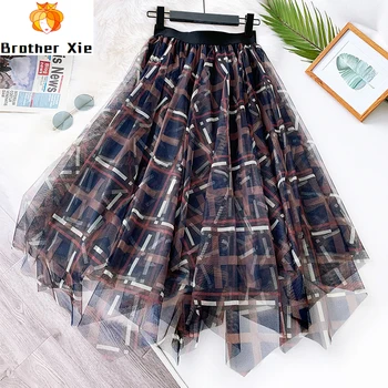 

2020 New Tulle Skirts Women High Waist Mesh Skirt Hem Asymmetrical Pleated Midi Skirt Female Slim Vintage Plaid Print Skirt