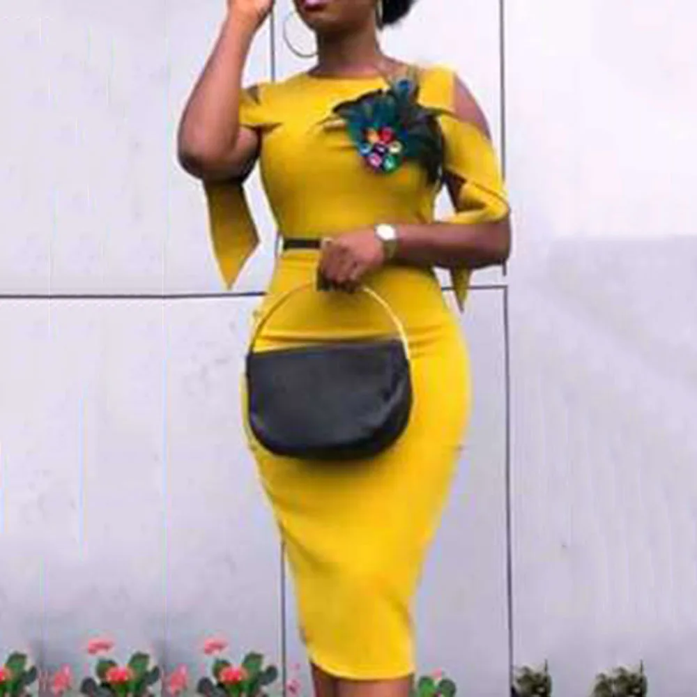 Женское желтое платье карандаш в африканском стиле элегантное вечернее миди с