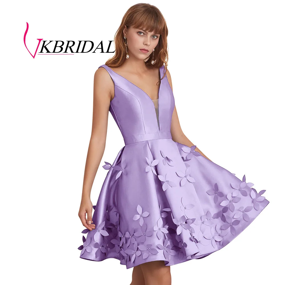 VKBRIDAL с низким вырезом на спине тёмно-синие короткие платья для выпускного вечера сексуальное подключения-водолазки для девочек атласное платье Встреча выпускников/корпоративы Выпускной платье - Цвет: lilac