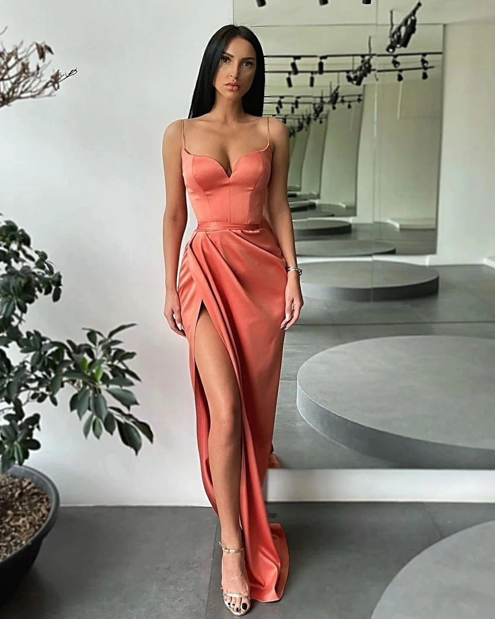 Sevintage Sexy High Side Slide V-Neck Mermaid Prom Dress Spaghetti Straps Sleeveless Evening Dresses Formal Party Gowns rose gold prom dress