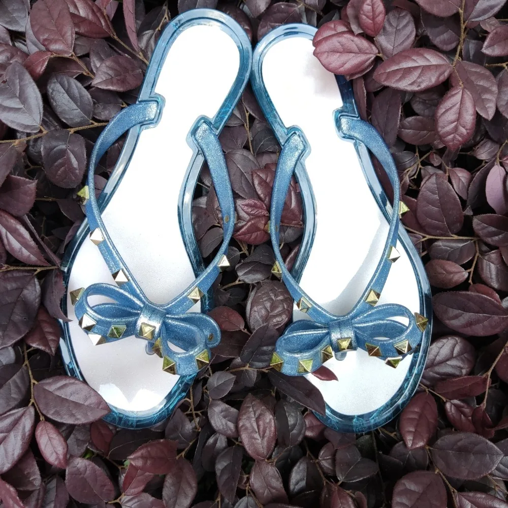 Summer Beach Sandals Woman Flip Flops PVC Slides Female Sandals Rivet Bowknot Slip on Flat with Women Studs Slippers Jelly Shoes