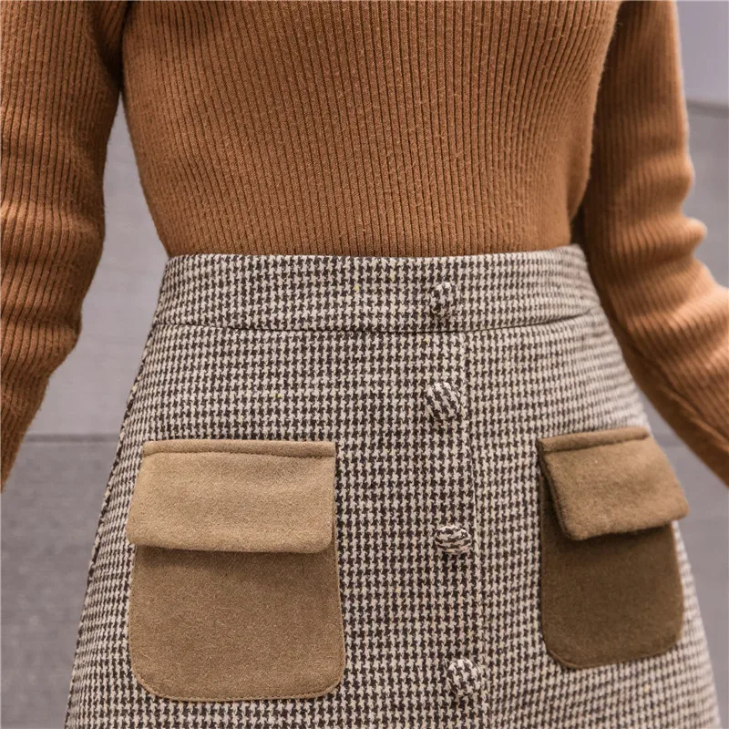 Flectit, винтажная мини-юбка из твида с контрастными карманами и пуговицами спереди, женские осенние зимние наряды
