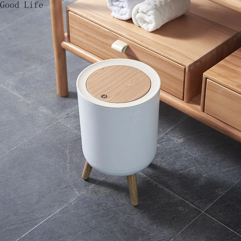 12L Retro Wood Grain Trash Can Household Living Room Toilet Bathroom