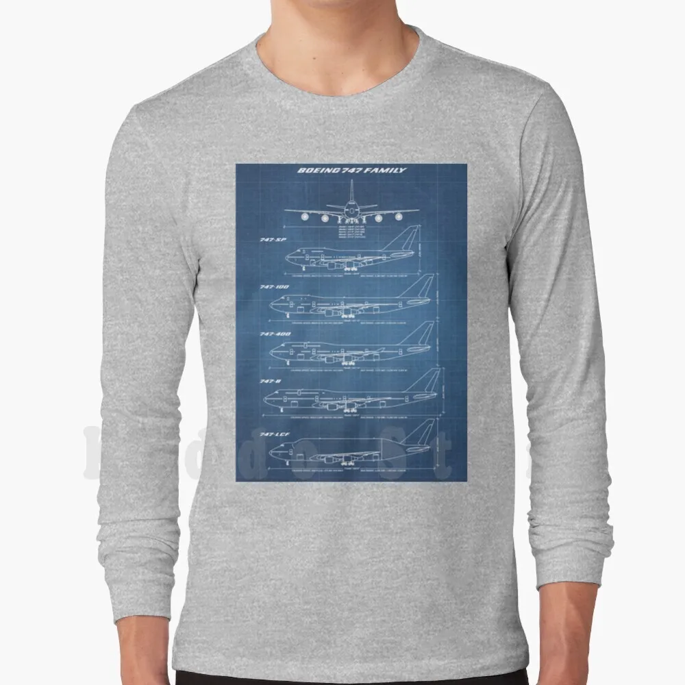 Boeing 747 Family Blueprint (Azzurro) Felpa Con Cappuccio Manica Lunga Boeing 747 Jumbojet Jumbo Jet 747 Sp 747