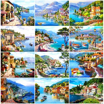 

HUACAN Full Square Drill Diamond Painting 5D Town Diamond Embroidery Seaside Scenery Cross Stitch Room Decor Gift