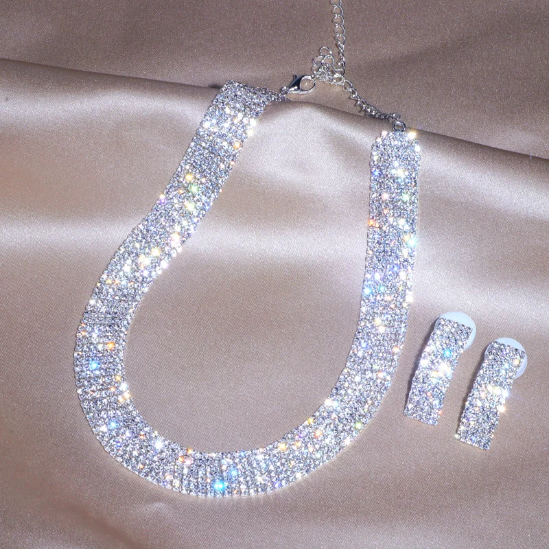 Роскошные классические женские обручальные ювелирные изделия серебряный цвет Кристалл ожерелье серьги набор Свадебная вечеринка свадебные ювелирные наборы Bijoux