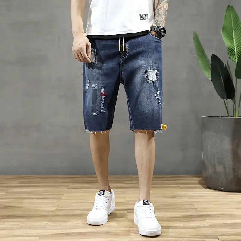 elastic denim shorts mens