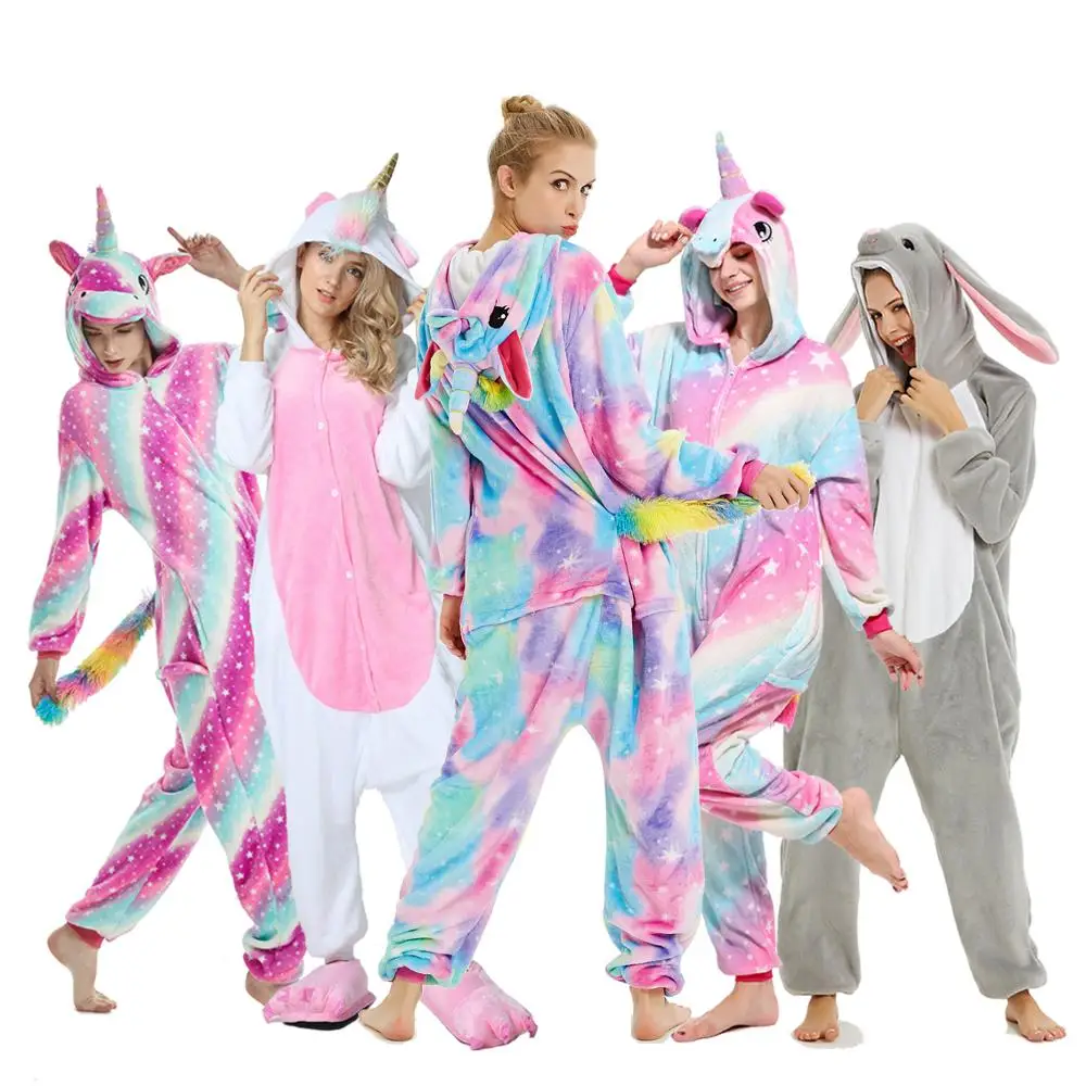 Кингуруми Пижама с единорогом, комбинезон с изображением животных, женская одежда для сна с капюшоном для взрослых, зимняя Фланелевая пижама с рождественским оленем, акулой, единорогом