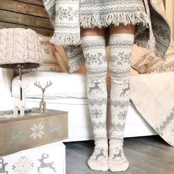

Women Christmas Knitted Stockings Thickened Thigh High Over Knee Long Snowflakes Elk Pattern Socks TY66