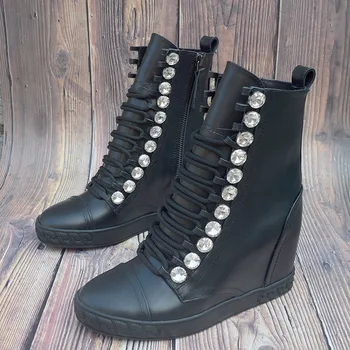 

Bling Rhinestone Crossed tie Height Increasing Women Ankle Boots Real Leather Side Zipper Short Booties Spring Martin Boots