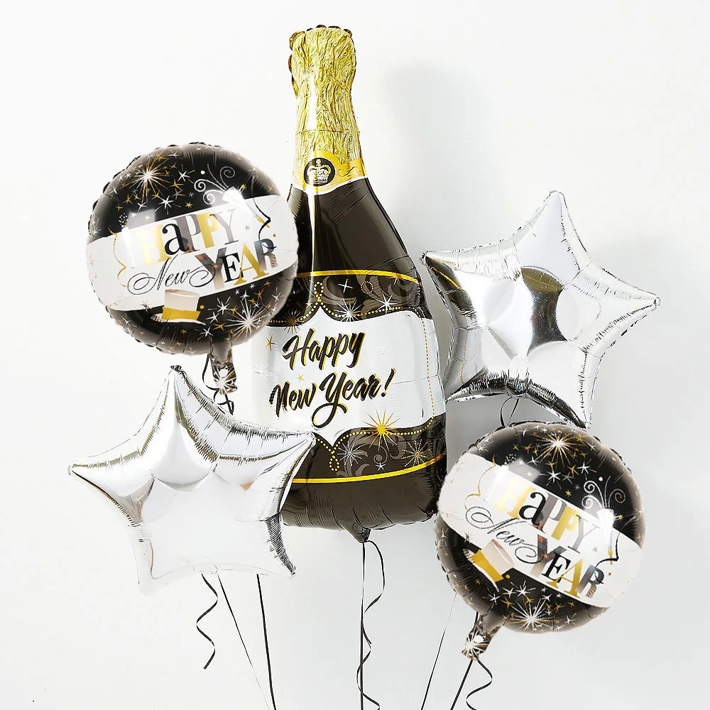 1 комплект шампанского с новогодней фольгой воздушный шар с черными и золотые воздушные шары комплект для счастливого Нового года вечерние украшения детские подарки - Цвет: 1set-6pcs
