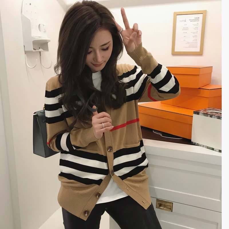 Buena Compra Suéter de cachemira para mujer, Chaqueta de punto de longitud media con cuello en V, suéter holgado a rayas, gabardina fina XyNbWx6yO