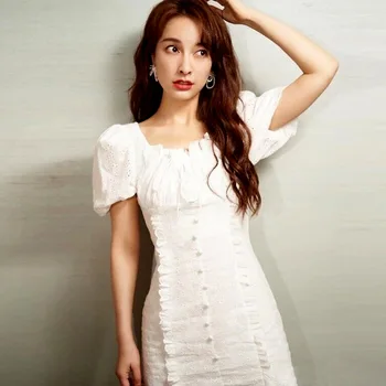 

Gedivoen Summer Fashion Runway Short Dress Women Puff Sleeve Hollow Out Solid White Mini Dress Elegant Sweet Dresses Vestidos