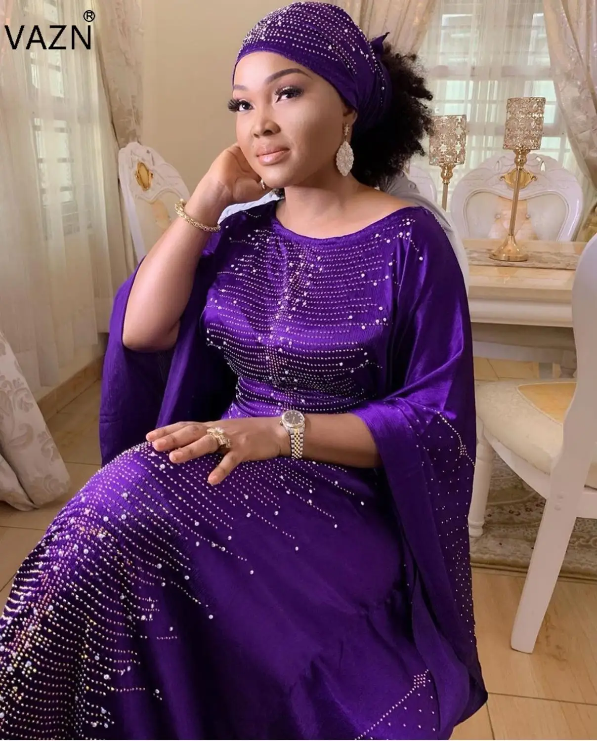 

VAZN JN12 new special 2019 summer sexy black pruple long dress half batwing sleeve beading dress sexy lady bohemian chic dress