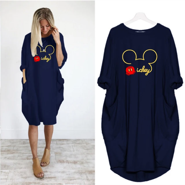 Mickey Mouse Dress for Women Casual Loose Midi Dresses Leopard Print Pocket Vintage Vestido Fall Maxi Clothes Kawaii Robe Femme D002M300 Blue