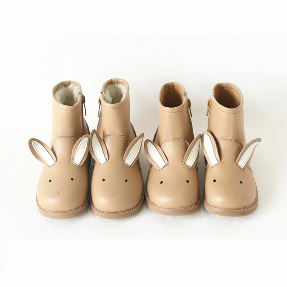 Autumn Winter Genuine Leather Children's Shoes Warm Lambswool Cartoon Bunny Baby Girls Ankle Boots Cowhide Boys Snow Boots summer baby girls sandals genuine leather cartoon strawberry children s beach sandals cowhide non slip sole kids shoes