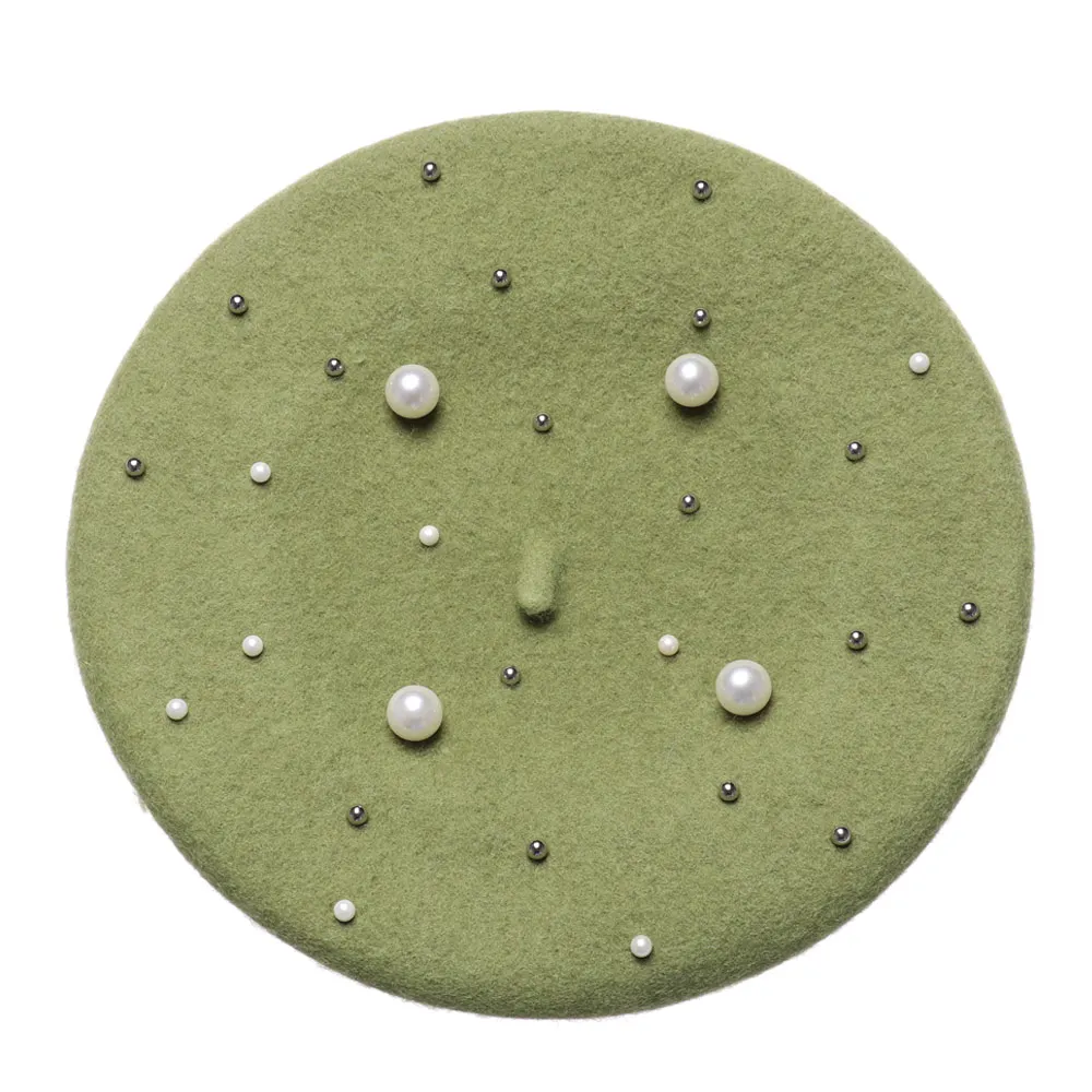 Light green Элегантный перламутровый берет, шапка для женщин, Осень-зима, утолщенная, теплая, французская, плоская шапка, для девушек, личность, изящная, художница, шапка - Цвет: Light green